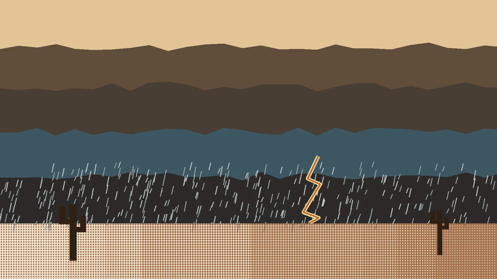 Illustration of dark monsoon storm bands stacked over a copper desert floor, with slanted rain lines, one lightning strike, and two saguaro silhouettes