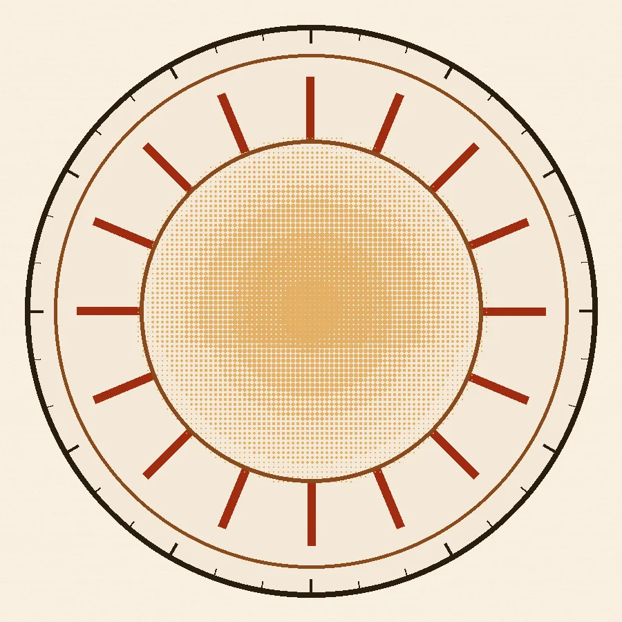 Circular gauge dial framing a dotted sun face with rust-colored rays and tick marks around the ring
