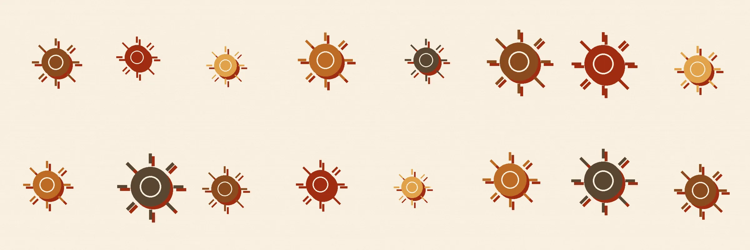 Two loose rows of repeating sun disc icons in copper, rust, and ochre, each with a slightly offset shadow, scattered on a cream background